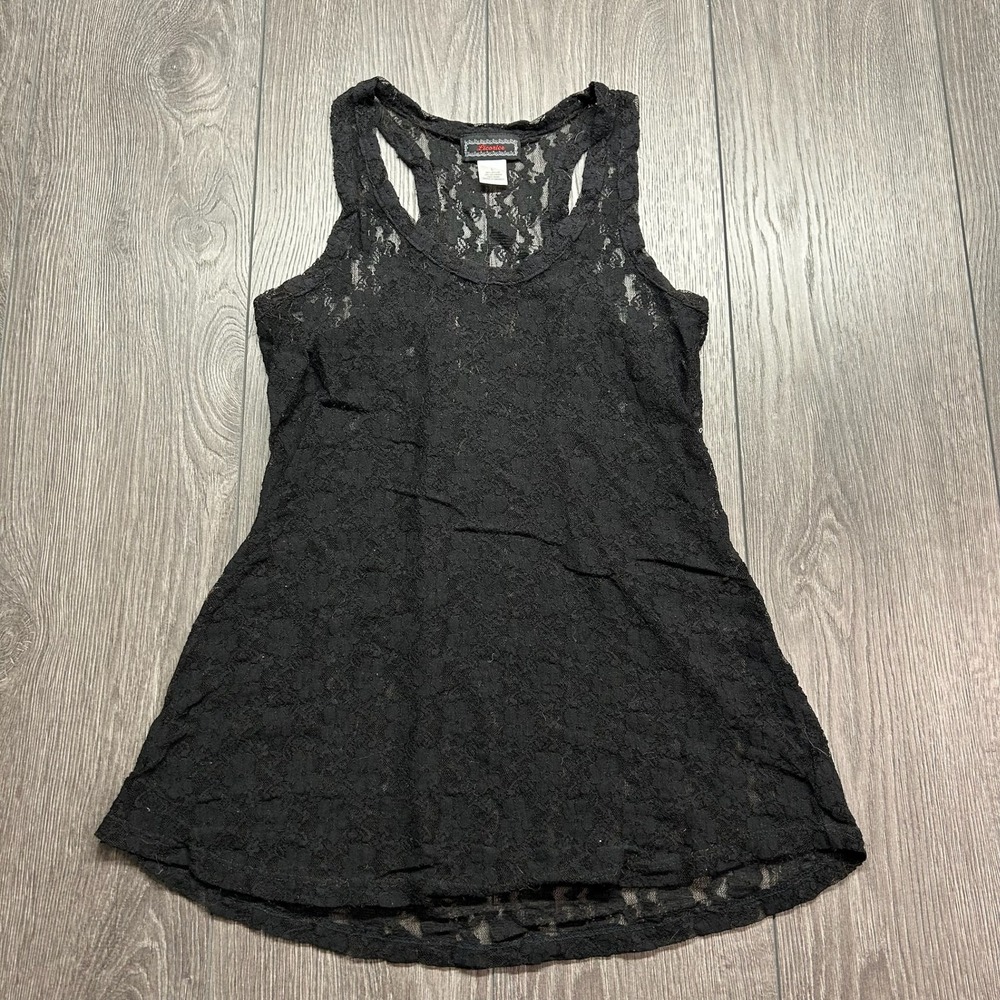 Licorice Black Floral Lace Racerback Tank Top Y2K Sheer Sleeveless Large